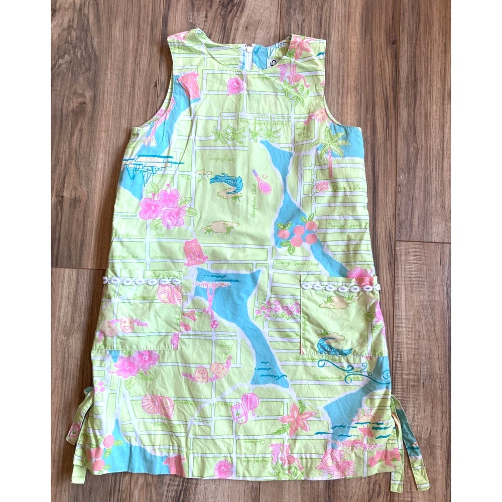Vintage Girls Lilly Pulitzer Palm Beach Map Florida Shift Dress Green Gator Sz 8
